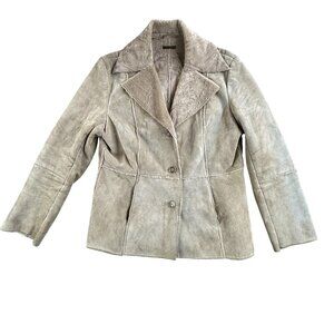 Vintage Guess Jacket Womens Large Beige Genuine Leather Faux Fur Lined Coat Y2K
